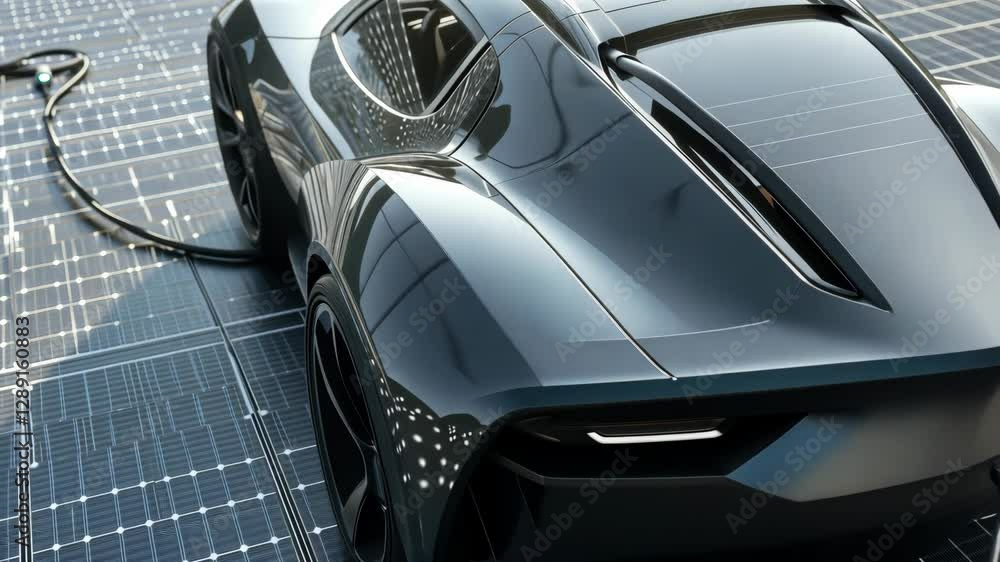 Electric car charging on a solar panel surface during a sunny day Electric car charging on a solar panel surface during a sunny day