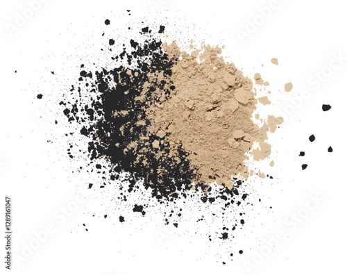 Black maca organic powder vector, scattered top view, isolated on white, superfood, Peruvian ginseng, natural supplement, herbal extract, antioxidant, health boost