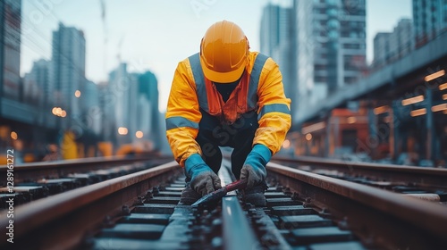 Construction worker in safety gear performing maintenance on rail tracks