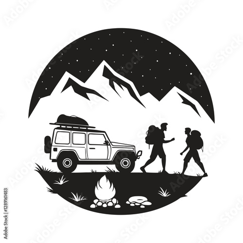 Trekking traveler, 4x4 auto, travel tent, bonfire silhouettes set. Mountaineer climber hiker people backpacker. Male female hiker with backpack. Adventure  black silhouettes vector art