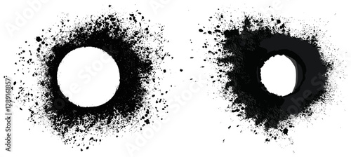 Black pulver vector in circle shape with hole, isolated on white or transparent, abstract dust, grunge texture, splatter, explosion, ink blot, powder burst, black spray, artistic design