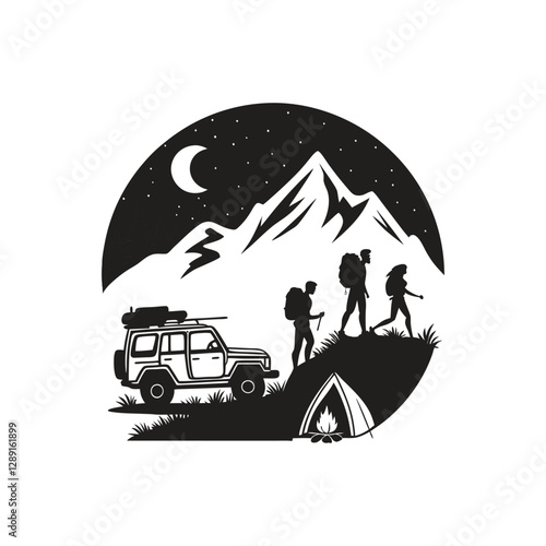Trekking traveler, 4x4 auto, travel tent, bonfire silhouettes set. Mountaineer climber hiker people backpacker. Male female hiker with backpack. Adventure  black silhouettes vector art