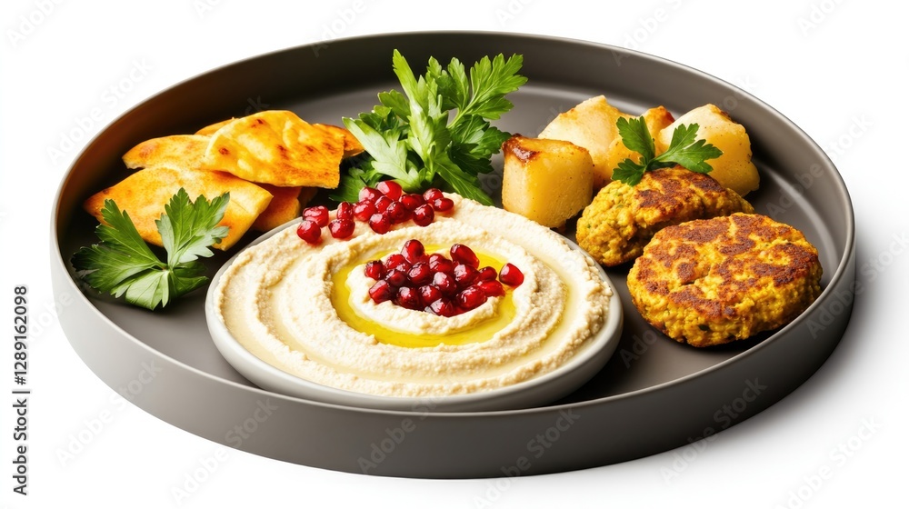 Creamy hummus garnished with pomegranate seeds, served with savo Creamy hummus garnished with pomegranate seeds, served with savo