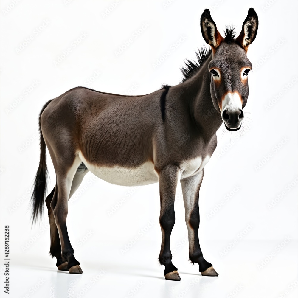 Brown, white donkey stands isolated against white background. Farm animal with long ears looks at camera. Herbivorous creature for equine stock image, livestock presentation, kid illustration farm Brown, white donkey stands isolated against white background. Farm animal with long ears looks at camera. Herbivorous creature for equine stock image, livestock presentation, kid illustration farm