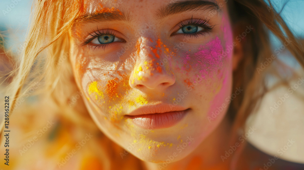 A joyful woman with colorful Holi powder on her face, surrounded by vibrant hues in the air A joyful woman with colorful Holi powder on her face, surrounded by vibrant hues in the air