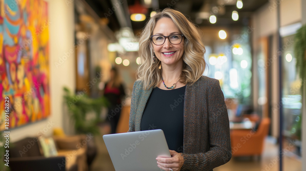 Confident Businesswoman Walking in Modern Co-working Space Carrying Laptop and Smiling Professionally Confident Businesswoman Walking in Modern Co-working Space Carrying Laptop and Smiling Professionally