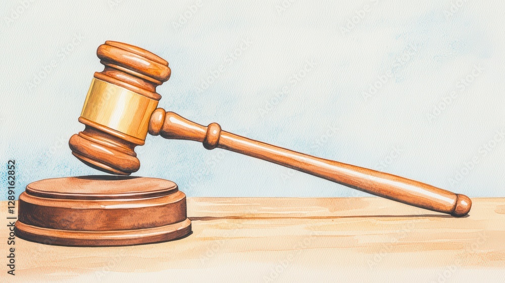 Watercolor Gavel on Wooden Table Representing Justice and Order Watercolor Gavel on Wooden Table Representing Justice and Order