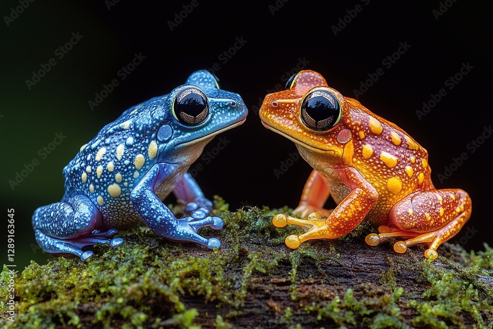 Fototapeta premium Two colorful frogs facing each other on a mossy log, one extending its front leg like offering a handshake, humorous and engaging composition