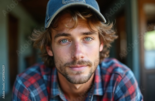 Portrait of handsome young blue-eyed guy in baseball cap and plaid shirt looking at camera. Stylish bearded man. European caucasian student looking at camera. Concept of youth fashion or lifestyle.