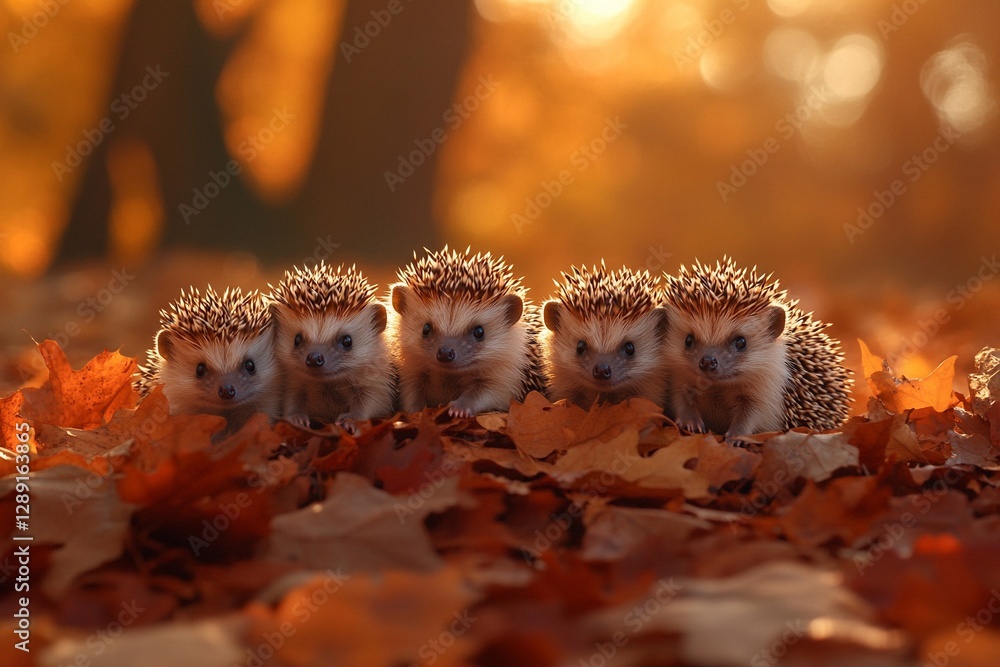 A litter of baby hedgehogs curled up together in autumn leaves, their tiny spines barely visible under the warm golden light
A litter of baby hedgehogs curled up together in autumn leaves, their tiny spines barely visible under the warm golden light