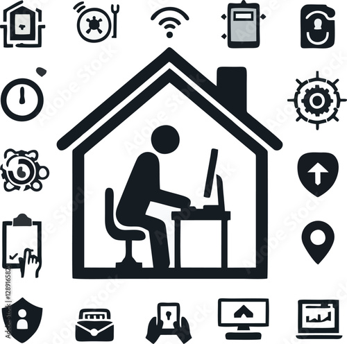 A simple vector illustration featuring a person working on a computer inside a house. Designed in a minimalist black silhouette style, this icon represents remote work, home office, or freelancing.