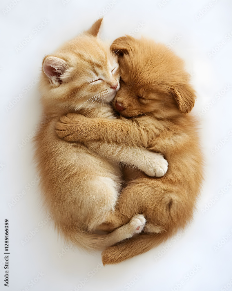 Cute kitty and puppy cuddeling together isolated on white background Cute kitty and puppy cuddeling together isolated on white background