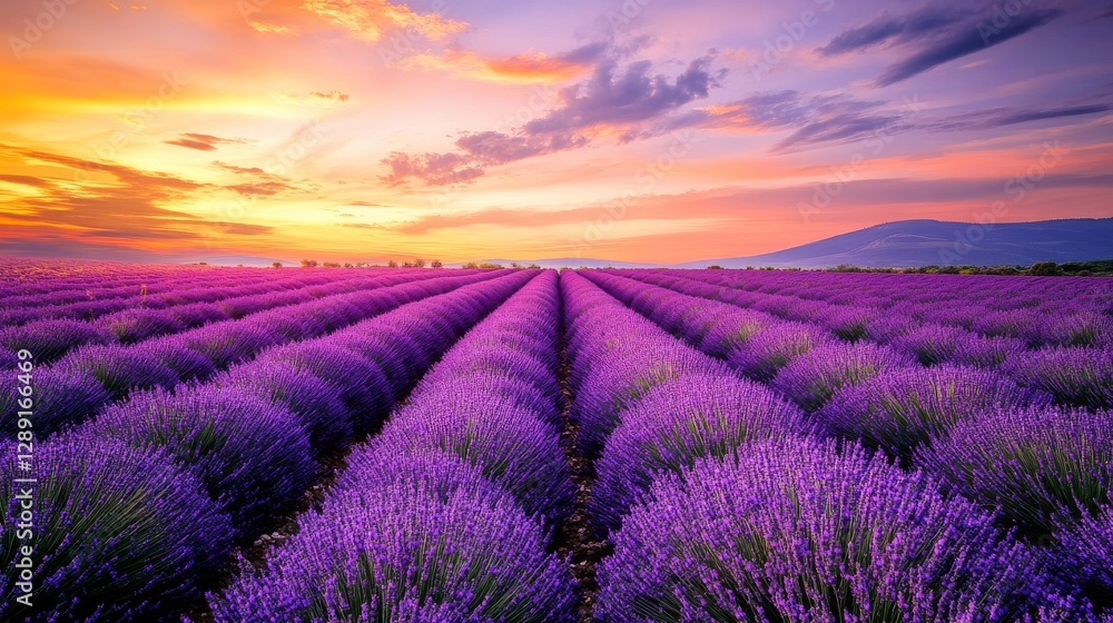 Obraz premium Lavender fields at sunset with vibrant purple hues and dramatic sky. Summer in Provence, France, breathtaking natural beauty. Scenic landscape and tranquility concept