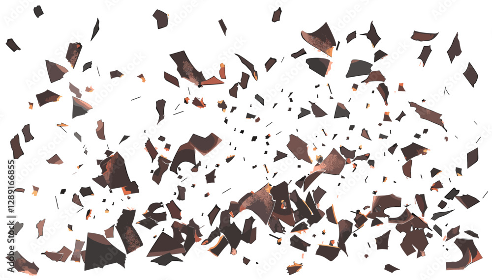 Charred burned paper scraps, flying pieces top view, isolated on white background, burnt torn paper, fire damage, burnt edges, blackened ashes, scorched remains Charred burned paper scraps, flying pieces top view, isolated on white background, burnt torn paper, fire damage, burnt edges, blackened ashes, scorched remains