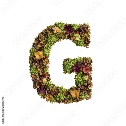 Letter g formed with colorful flowers on a white background for decorative purposes isolated on transparent background..