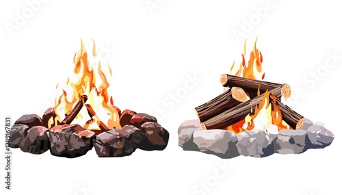 Campfire, fire icon, fireplace, flame vector, firewood, isolated on white, transparent PNG, bonfire, ember, heat, blazing fire, wildfire, torch flame, warmth, hearth fire