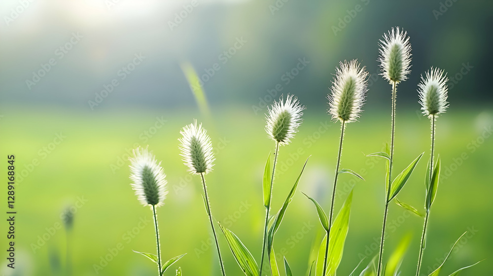 Soft White Flowers in a Lush Green Field at Sunrise Soft White Flowers in a Lush Green Field at Sunrise