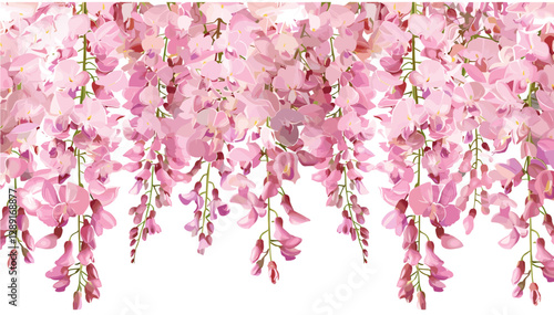 Vector Pink Wisteria Flowers, Cascading Floral Vine, Hanging Blossom, Spring Bloom, Garden Aesthetic, Romantic Flowers, Nature Background, Elegant Floral Pattern