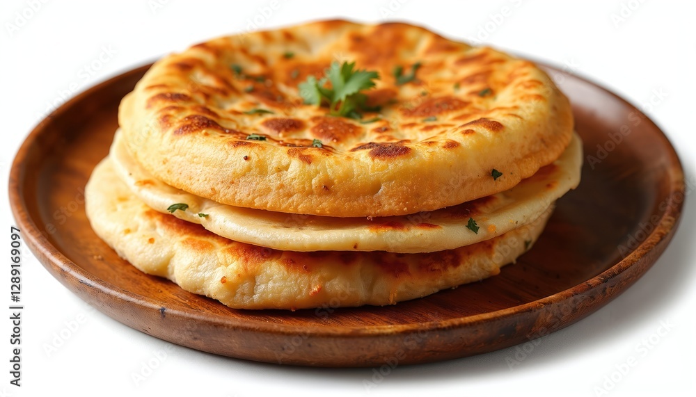 Amritsari kulcha flatbread on wooden plate isolated on white background. Indian cuisine baked naan bread with coriander. Fresh spicy vegetarian masala with onion and organic ingredients. Amritsari kulcha flatbread on wooden plate isolated on white background. Indian cuisine baked naan bread with coriander. Fresh spicy vegetarian masala with onion and organic ingredients.