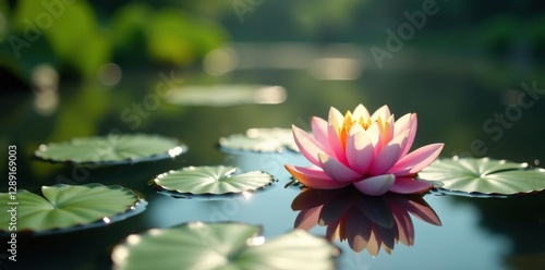 Delicate waterlilly leaves float on pond surface in morning light, lily, temple