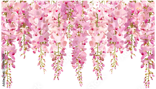 Cascading Wisteria Flowers Vector, Pink Hanging Blossoms, Spring Floral Vine, Botanical Art, Garden Beauty, Blooming Branch, Delicate Petals, Aesthetic Nature
