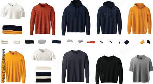 A detailed set of vector icons presenting hoodies in multiple angles and positions, designed in a flat lay style on a white background.