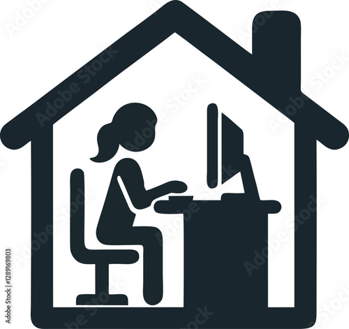A simple vector illustration featuring a person working on a computer inside a house. Designed in a minimalist black silhouette style, this icon represents remote work, home office, or freelancing.