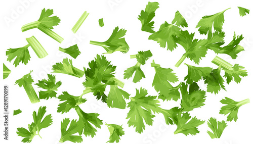 Chopped fresh green celery leaves, top view, isolated on white background, texture, organic vegetable, healthy food, herb, raw ingredient, salad garnish