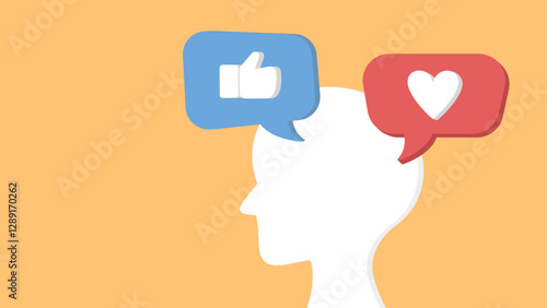 White human silhouette with like and heart icons in speech bubbles, symbolizing dependence on social media validation and its mental health impact
