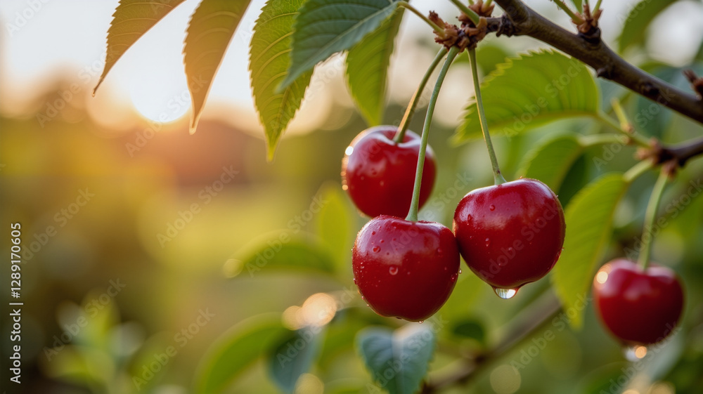 Obraz premium Ripe cherries glistening in morning light on cherry tree branch, freshness