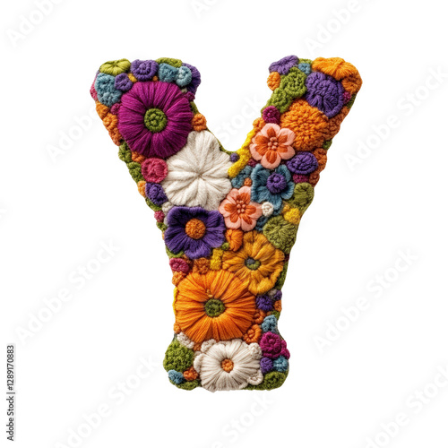 Colorful floral arrangement shaped like a letter with various flowers on white background isolated on transparent background..