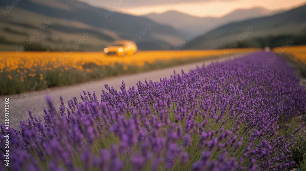 Fototapeta premium Vibrant purple lavender flowers line a rural road, with a blurred yellow car and sunlit mountains in the background. Warm sunset light bathes the
