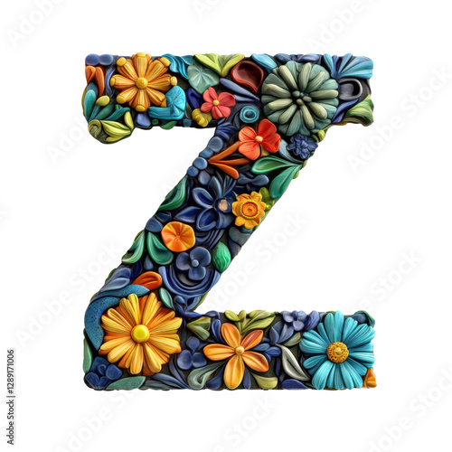 Letter z made of colorful flowers on a white background for decorative or creative use isolated on transparent background..