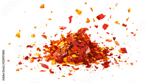 Close up dry red chili flakes, vector chopped paprika powder, ground cayenne spice, crushed hot pepper, spicy seasoning mix, dehydrated chili, fiery red spice