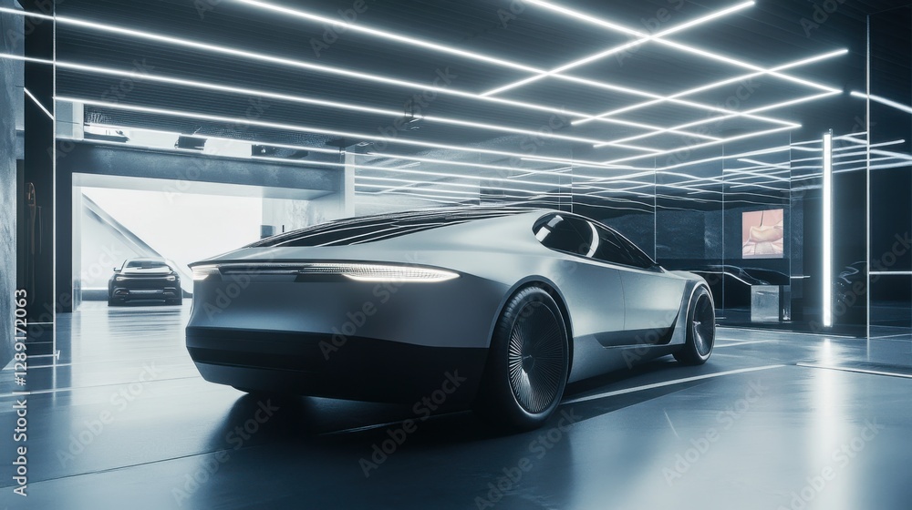 A car showroom showcasing a high-tech electric sports sedan. Featuring innovation and sustainability A car showroom showcasing a high-tech electric sports sedan. Featuring innovation and sustainability