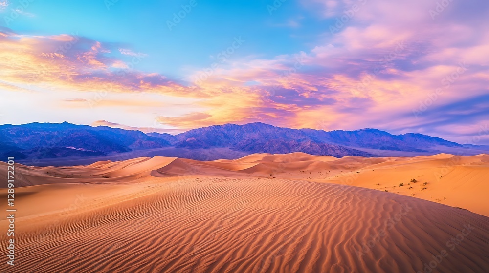 Naklejka premium Vibrant sunset over desert dunes and mountains.