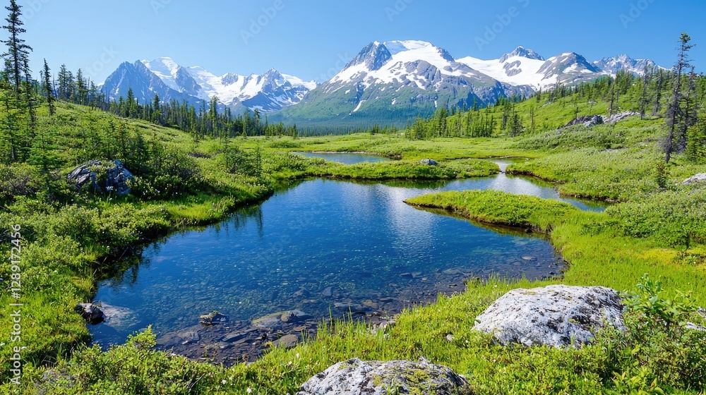 Mountain lake, alpine meadow, summer scenery, tranquil landscape, travel poster Mountain lake, alpine meadow, summer scenery, tranquil landscape, travel poster