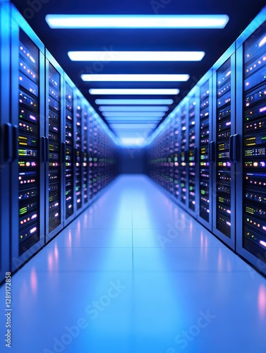 Modern server room filled with high-tech equipment, racks, and blinking lights in a data center