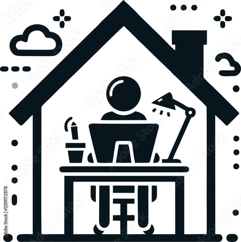 A simple vector illustration featuring a person working on a computer inside a house. Designed in a minimalist black silhouette style, this icon represents remote work, home office, or freelancing. Pe