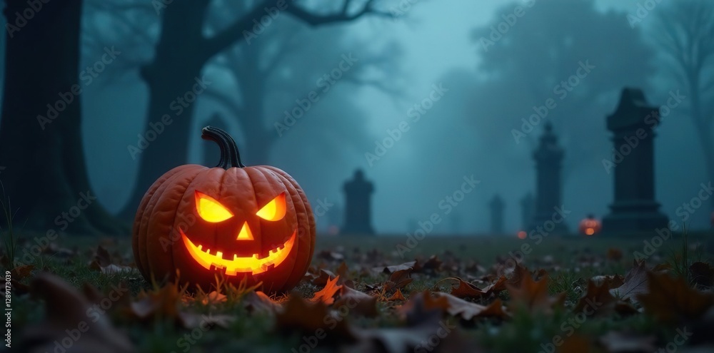 Fototapeta premium Low-angle shot of a glowing pumpkin in a foggy graveyard, Halloween, misty landscape