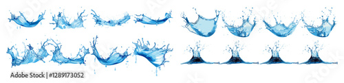Vector set of blue water splashing, liquid splash collection, aqua wave, fresh drink, pure transparent drops, realistic fluid, dynamic motion, isolated on white, creative design