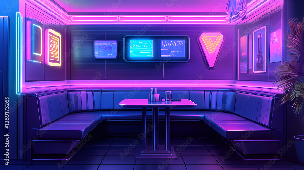 Retro futuristic diner booth with touchscreen table and neon signage in ultra-detailed scene. Retro-Futuristic Diner Scene. Illustration