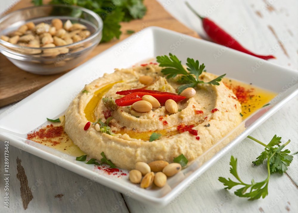 Smooth and rich hummus dip, enhanced with fresh herbs, spices, and a drizzle of golden olive oil Smooth and rich hummus dip, enhanced with fresh herbs, spices, and a drizzle of golden olive oil
