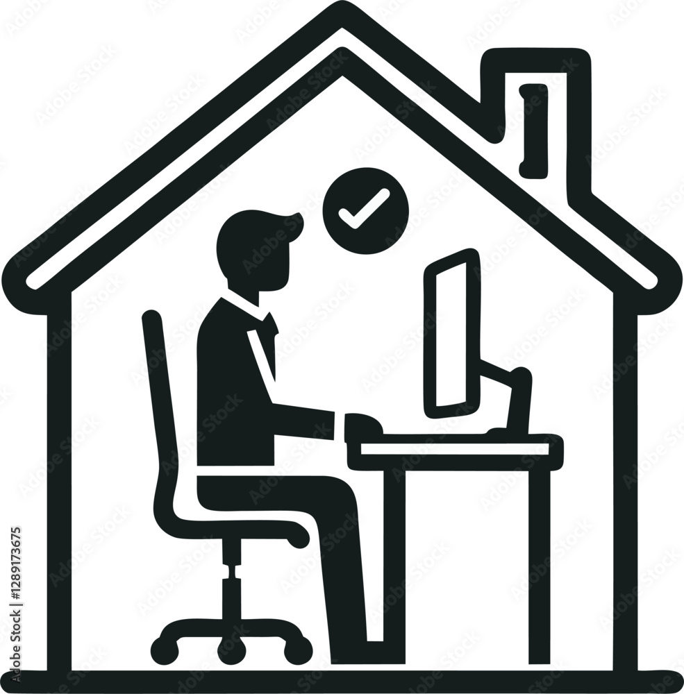 A simple vector illustration featuring a person working on a computer inside a house. Designed in a minimalist black silhouette style, this icon represents remote work, home office, or freelancing. Pe A simple vector illustration featuring a person working on a computer inside a house. Designed in a minimalist black silhouette style, this icon represents remote work, home office, or freelancing. Pe