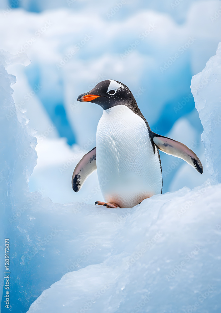 Fototapeta premium Gentoo Penguin and Blue Ice on Beach in Antarctica