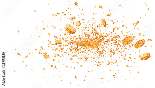 Biscuit crumbs vector, cookie flying isolated on white, clipping path, snack treat, crispy dessert, bakery item, sweet crunch, crunchy snack, food texture, sweet cookies