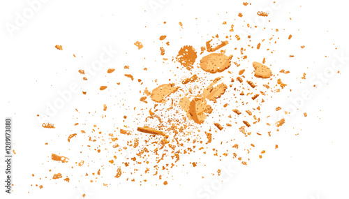 Vector cookie flying, crumbs biscuit isolated on white, clipping path, crunchy snack, sweet dessert, delicious treat, crisp texture, bakery item, food concept, biscuit crumbs