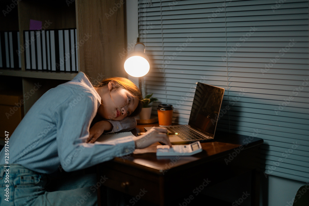 Exhausted Asian professional dozing off at workspace during late-night shift, depicting workplace stress, mental health challenges, and professional burnout Exhausted Asian professional dozing off at workspace during late-night shift, depicting workplace stress, mental health challenges, and professional burnout
