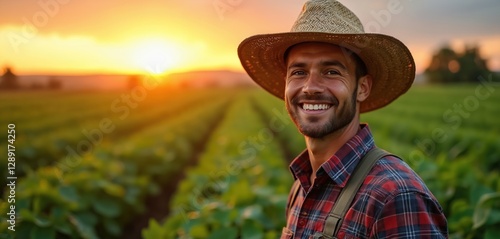 Smiling face of male farmer in straw hat in field at sunset. Happy agricultural worker in countryside reflecting hard work connection to land. Agronomist on crop cultivation. Rural scene. Sustainable