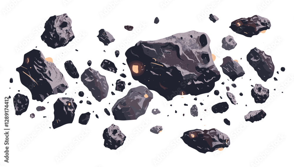Naklejka premium Vector asteroid belt, dark meteor isolated, space rock, astronomical object, orbiting asteroids, cosmic stone, galaxy design, universe background, planetary fragments